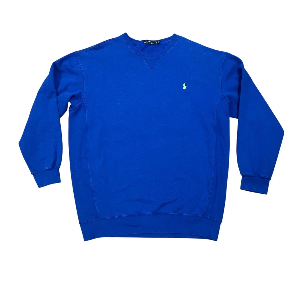 Polo Ralph Lauren Mens‎ XLT Blue Crewneck Sweatshirt Neon Green Pony Logo Fleece